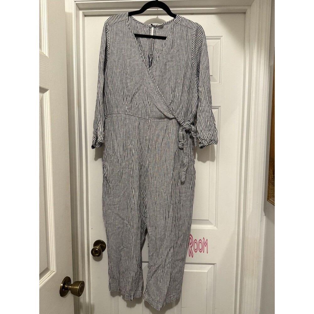 Old Navy Womens Blue White Striped Cropped Wide Leg Jumpsuit SZ XL Casual Resort